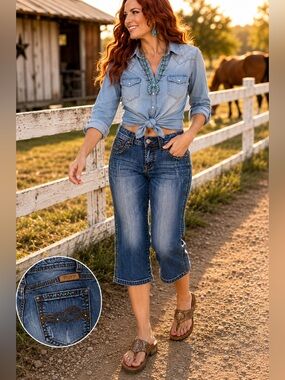 👖 Cowgirl Tuff Co. Embellished Crop Capri Jeans | Western | Size 33